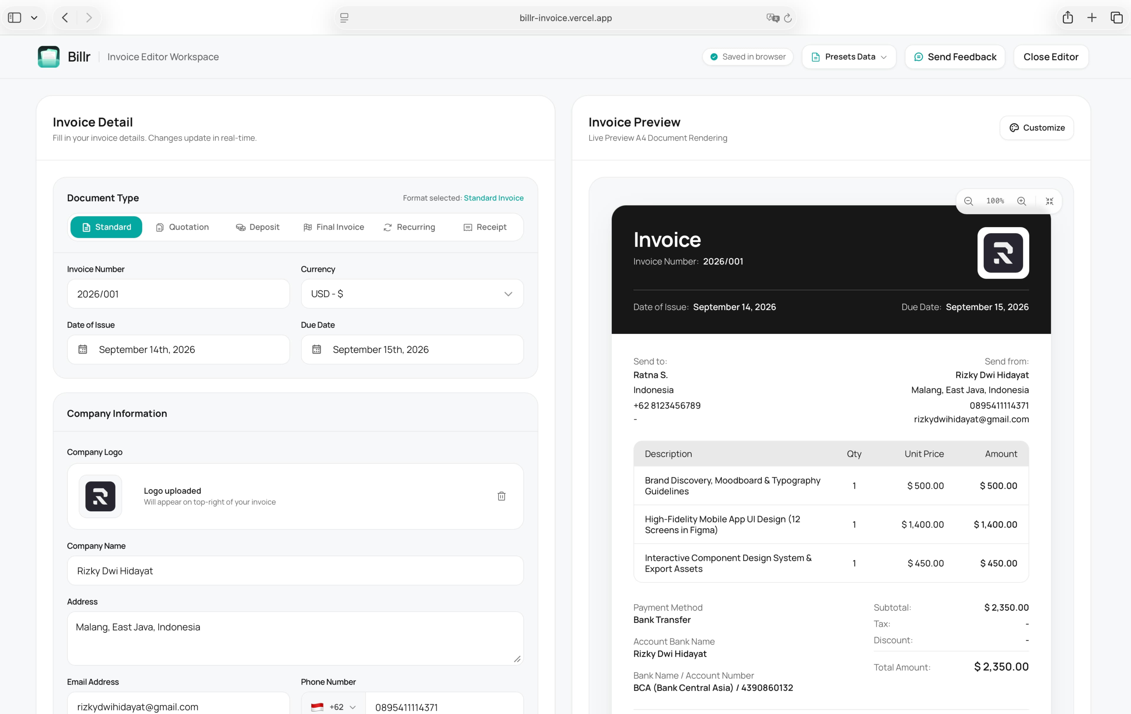 Billr Live Invoice Editor Showcase